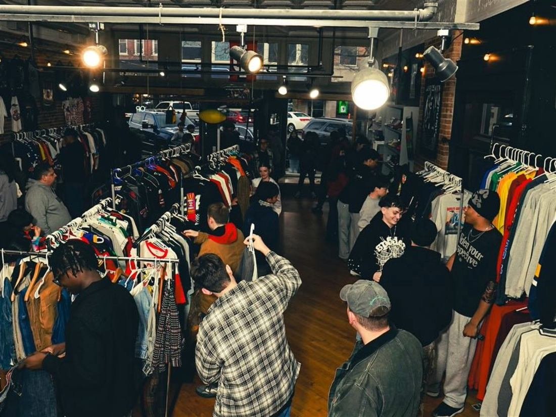 Inside Underground Vintage with curated racks of vintage clothing in Goshen Indiana